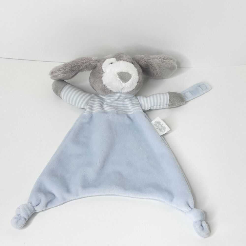 Mud Pie Blue Gray Puppy Dog Knots Plush Lovey Security Blanket Pacifier Holder